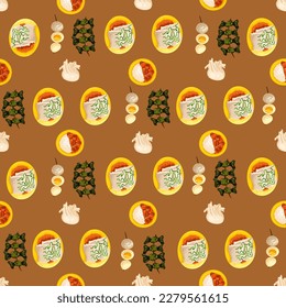 Chinese food seamless pattern. Hand drawn different types of asian food in wooden steamers repeating background. Tasty chinese food, delicious har gao, sticky rice, rolls.