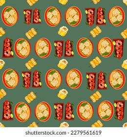 Patrón de alimentos chinos sin soldadura. La mano dibujó diferentes tipos de comida asiática en vapor de madera que repite el fondo. Sabrosa comida china, deliciosa garganta de har, arroz pegajoso, panecillos.