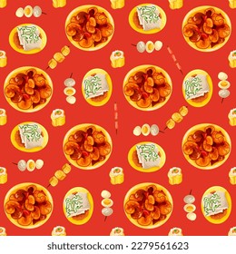 Chinese food seamless pattern. Hand drawn different types of asian food in wooden steamers repeating background. Tasty chinese food, delicious har gao, sticky rice, rolls.