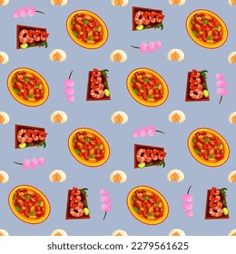Chinese food seamless pattern. Hand drawn different types of asian food in wooden steamers repeating background. Tasty chinese food, delicious har gao, sticky rice, rolls.