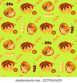 Chinese food seamless pattern. Hand drawn different types of asian food in wooden steamers repeating background. Tasty chinese food, delicious har gao, sticky rice, rolls.
