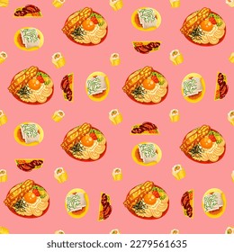 Chinese food seamless pattern. Hand drawn different types of asian food in wooden steamers repeating background. Tasty chinese food, delicious har gao, sticky rice, rolls.