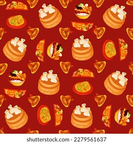 Chinese food seamless pattern. Hand drawn different types of asian food in wooden steamers repeating background. Tasty chinese food, delicious har gao, sticky rice, rolls.