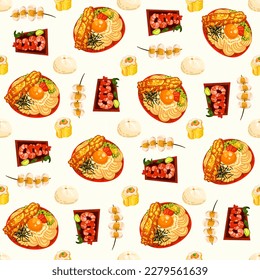 Chinese food seamless pattern. Hand drawn different types of asian food in wooden steamers repeating background. Tasty chinese food, delicious har gao, sticky rice, rolls.