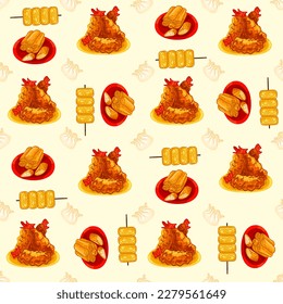 Chinese food seamless pattern. Hand drawn different types of asian food in wooden steamers repeating background. Tasty chinese food, delicious har gao, sticky rice, rolls.