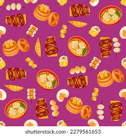 Chinese food seamless pattern. Hand drawn different types of asian food in wooden steamers repeating background. Tasty chinese food, delicious har gao, sticky rice, rolls.