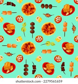 Chinese food seamless pattern. Hand drawn different types of asian food in wooden steamers repeating background. Tasty chinese food, delicious har gao, sticky rice, rolls.