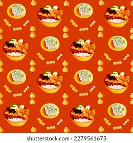 Chinese food seamless pattern. Hand drawn different types of asian food in wooden steamers repeating background. Tasty chinese food, delicious har gao, sticky rice, rolls.