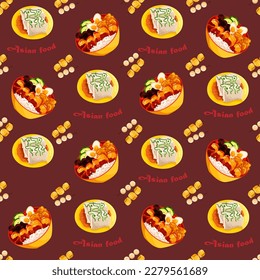 Chinese food seamless pattern. Hand drawn different types of asian food in wooden steamers repeating background. Tasty chinese food, delicious har gao, sticky rice, rolls.