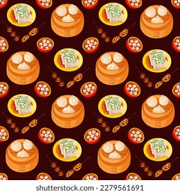 Chinese food seamless pattern. Hand drawn different types of asian food in wooden steamers repeating background. Tasty chinese food, delicious har gao, sticky rice, rolls.