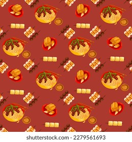 Chinese food seamless pattern. Hand drawn different types of asian food in wooden steamers repeating background. Tasty chinese food, delicious har gao, sticky rice, rolls.