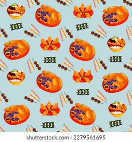 Chinese food seamless pattern. Hand drawn different types of asian food in wooden steamers repeating background. Tasty chinese food, delicious har gao, sticky rice, rolls.