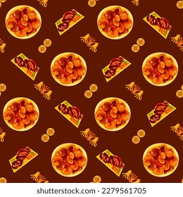 Chinese food seamless pattern. Hand drawn different types of asian food in wooden steamers repeating background. Tasty chinese food, delicious har gao, sticky rice, rolls.