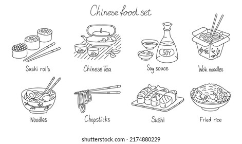 Chinese food set. Asian cuisine. Editable outline stroke. Vector line icon.