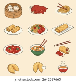 Chinese Food Set Asian Cuisine Vector Icon.