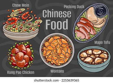 Chinese food. A set of classic dishes. Cartoon hand drawn illustration.