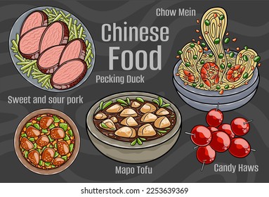 Chinese food. A set of classic dishes. Cartoon hand drawn illustration.