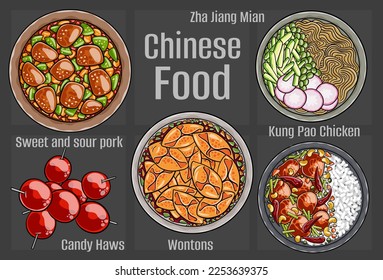 Chinese food. A set of classic dishes. Cartoon hand drawn illustration.