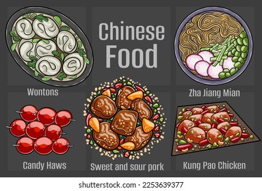 Chinese food. A set of classic dishes. Cartoon hand drawn illustration.