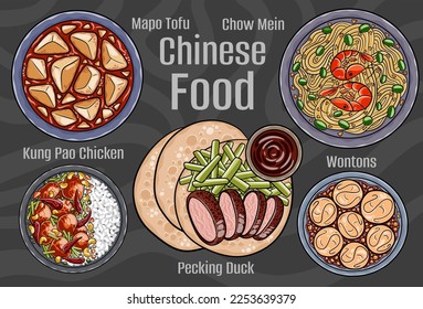Chinese food. A set of classic dishes. Cartoon hand drawn illustration.