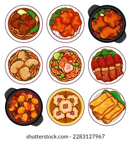 Chinese food set menu icon top view vector. (Braised beef noodle, Tso's chicken, Braised pork feet, Chow Mein, Shrimp noodles, Lap Mei Fan, Hóngshāo ròu, Dim Sum, Chūnjuǎn) Taiwanese food menu icon.