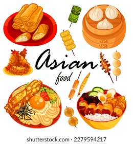 Chinese food set menu isolated on white background illustration vector. (Spring Rolls, Dim Sum, Wonton, Chow Mein, Sweet and Sour Chicken, Peking Duck).