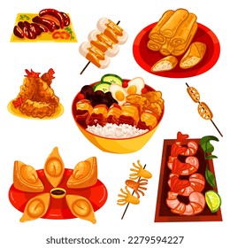 Chinese food set menu isolated on white background illustration vector. (Spring Rolls, Dim Sum, Wonton, Chow Mein, Sweet and Sour Chicken, Peking Duck).