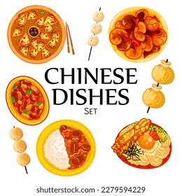 Chinese food set menu isolated on white background illustration vector. (Spring Rolls, Dim Sum, Wonton, Chow Mein, Sweet and Sour Chicken, Peking Duck).