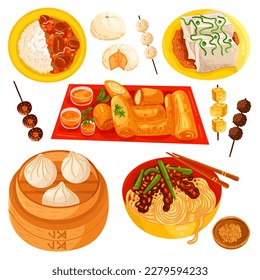 Chinese food set menu isolated on white background illustration vector. (Spring Rolls, Dim Sum, Wonton, Chow Mein, Sweet and Sour Chicken, Peking Duck).