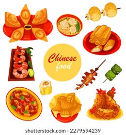 Chinese food set menu isolated on white background illustration vector. (Spring Rolls, Dim Sum, Wonton, Chow Mein, Sweet and Sour Chicken, Peking Duck).