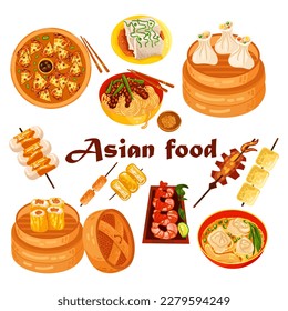 Chinese food set menu isolated on white background illustration vector. (Spring Rolls, Dim Sum, Wonton, Chow Mein, Sweet and Sour Chicken, Peking Duck).