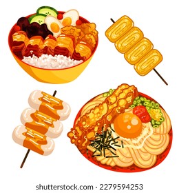 Menú de comida china aislado en un vector de ilustración de fondo blanco. (Rolls de primavera, Dim Sum, Wonton, Chow Mein, Sweet and Sour Chicken, Peking Duck).