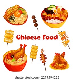 Chinese food set menu isolated on white background illustration vector. (Spring Rolls, Dim Sum, Wonton, Chow Mein, Sweet and Sour Chicken, Peking Duck).