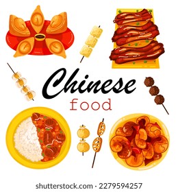 Chinese food set menu isolated on white background illustration vector. (Spring Rolls, Dim Sum, Wonton, Chow Mein, Sweet and Sour Chicken, Peking Duck).