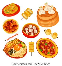 Chinese food set menu isolated on white background illustration vector. (Spring Rolls, Dim Sum, Wonton, Chow Mein, Sweet and Sour Chicken, Peking Duck).