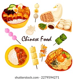 Chinese food set menu isolated on white background illustration vector. (Spring Rolls, Dim Sum, Wonton, Chow Mein, Sweet and Sour Chicken, Peking Duck).