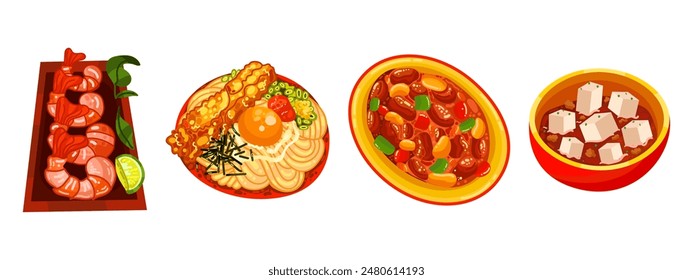 Chinese food set menu isolated on white background illustration vector. (Spring Rolls, Dim Sum, Wonton, Chow Mein, Sweet and Sour Chicken, Peking Duck).