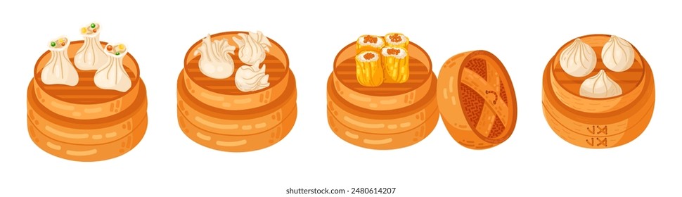 Chinese food set menu isolated on white background illustration vector. (Spring Rolls, Dim Sum, Wonton, Chow Mein, Sweet and Sour Chicken, Peking Duck).