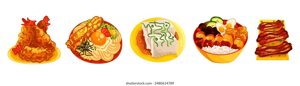 Chinese food set menu isolated on white background illustration vector. (Spring Rolls, Dim Sum, Wonton, Chow Mein, Sweet and Sour Chicken, Peking Duck).