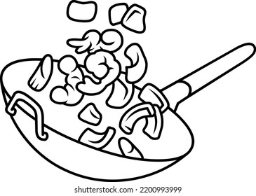 Chinese Food. Shrimp and vegetables. Chinese wok pan. Vector illustration. Black and white drawing. Clip art. Cartoon style. Outline.