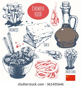 Chinese food in the sketch style. Main course and snacks. Asian traditional products. Vector illustration of ethnic cooking: noodles, soy sauce, tofu, shimeji, enokitake.