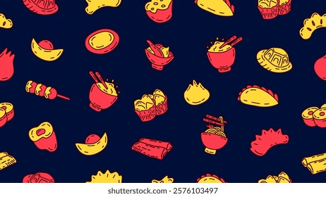 Chinese food and snack seamless pattern background. Chinese food doodle motif wallpaper. Vector illustration