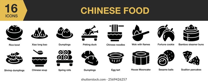 Chinese Food solid icon set. Includes Soup, Bowl, Chinese, Food, Kitchen, Meal, and More. Solid icons vector collection.