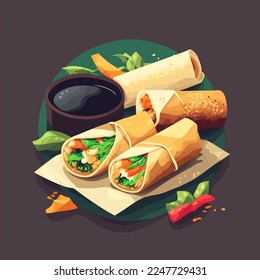 Chinese Food Spring Rolls. delicious asian cuisine flat vector