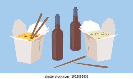 Chinese Food Take Away, with Beer. Vector Isolated Illustration