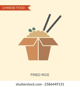 Chinese food take away box. Fried rice and chopsticks. Vector Illustration