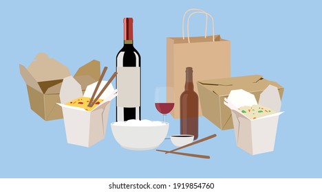 Chinese Food Take Away, with Wine and Beer. Vector Isolated Illustration