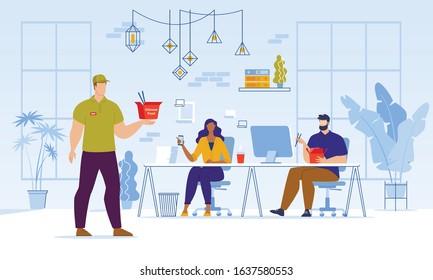 Chinese Food in Takeaway Box Express Delivery Service. Man Courier Delivering Dish to Office. Afro-American Worker Waiting for Menu in Cardboard Pack Ordered by Phone App. Vector Illustration