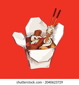 Chinese Food Takeout Box Icon. Vector Image Isolated On Red Background