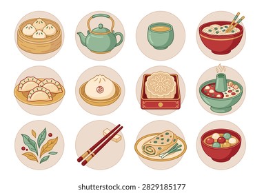 Chinese food and tea objects in a warm illustrated icon set